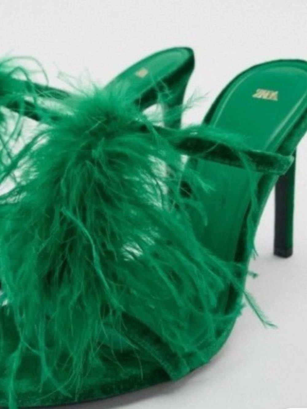 NWT - Zara Emerald Green Feather Slide Heels in Panne Velvet - Picture 6 of 6